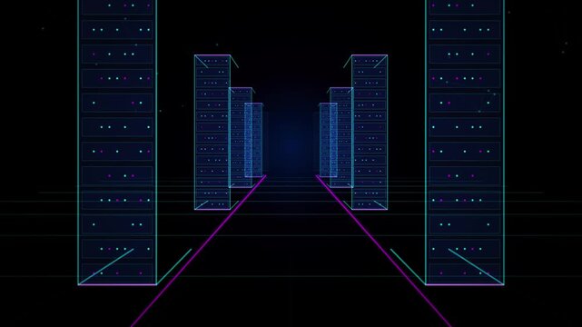 Neon Digital Server Data Tunnel Visualization with Glowing Blue Cubes and Purple Laser Grid Lines