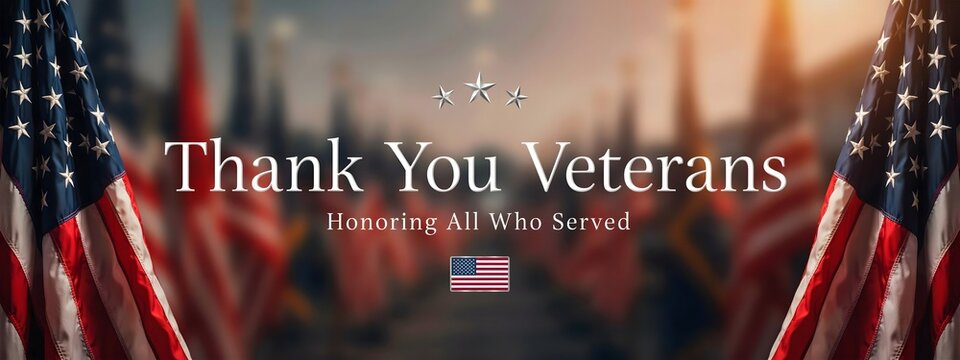 Thank You Veterans patriotic artwork with United States flags and elegant background representing veteran appreciation military service honor sacrifice freedom and remembrance
