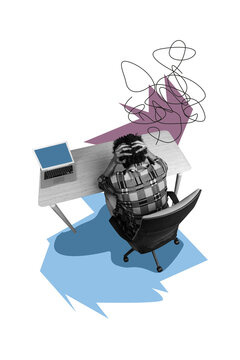 Vertical collage young employee man worker stressed panic mental issues overloaded laptop table office workplace drawing doodles clueless