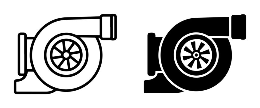 Turbocharger Icons, Engine Boost Components, Automotive Performance Symbols, Mechanical Engineering Graphics, Vehicle Power Upgrades, Black and White Vector Graphics
