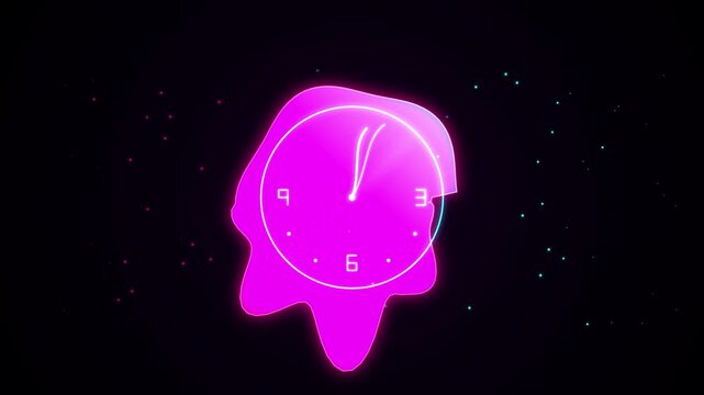 Neon Pink Clock Animation Featuring Glowing Moving Hands On A Dark Black Background With Particles
