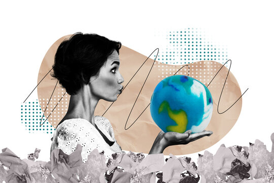 Trend artwork composite image photo collage of ecological system earth planet portrait young lady duckface hand hold globe trash garbage