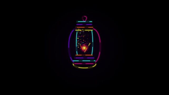 Neon Lantern Icon Glowing With Vibrant Colorful Particles Floating Inside On A Dark Background