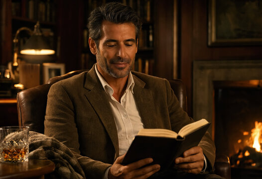 A handsome middle-aged man reads a book in a leather armchair by a crackling fireplace. With a glass of whiskey nearby, the warm library glow creates a cozy scene of relaxation and quietness