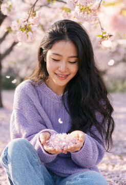 Smiling young Asian woman in a soft purple sweater holds delicate pink cherry blossom petals in her cupped hands. Spring garden with falling sakura petals, romantic moment of seasonal beauty