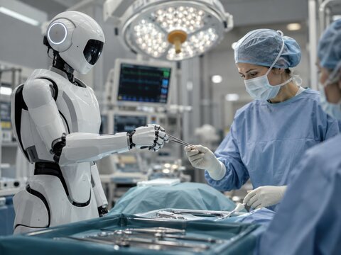 Humanoider Roboter assistiert im Operationssaal &ndash; Zukunftsorientierte Zusammenarbeit von Chirurgin und Roboter bei einer Operation, als Symbol f&uuml;r Pr&auml;zision, Hilfe und medizinische Innovation im Krank