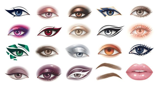 Set of Eyes Vector Collection with Diverse Eye Shapes, Eyebrows and Eyelashes, Beauty Makeup and Fashion Eye Illustrations for Cosmetic and Glamour Design