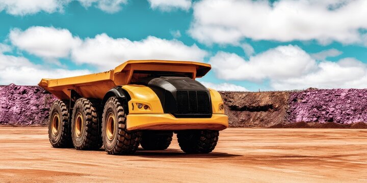 A large yellow mining dump truck stands on a reddish-brown dirt road, against a backdrop of purple and brown rock piles under a vibrant blue sky