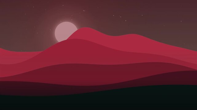 Minimalist mountain landscape illustration at night with a full moon night sky minimalist design layered hills flat design night scenery