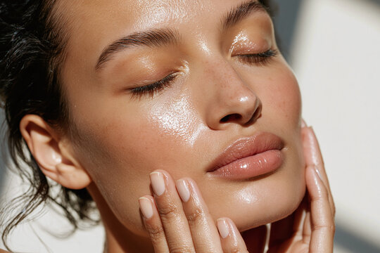 Glowing close up portrait of woman with dewy skin and closed eyes gently touching her cheeks, natural makeup conveys calm and radiant skincare self care routine