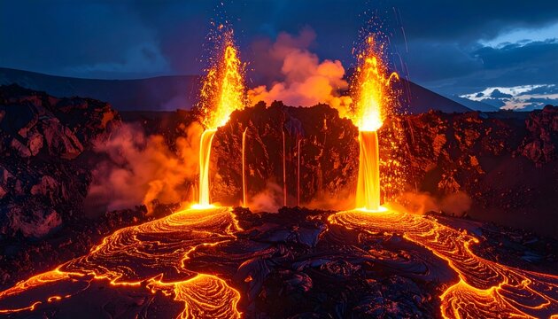 Erupting volcano spewing lava and ash during eruption at night scene