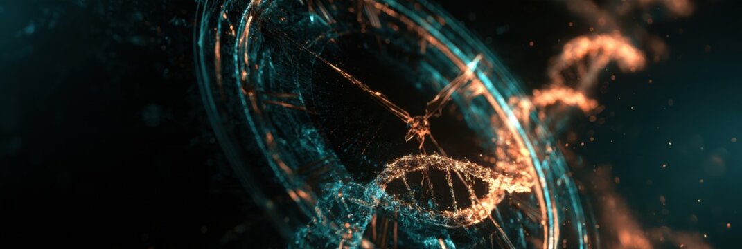 This artwork presents a biological clock concept where a glowing DNA strand forms the clock face.