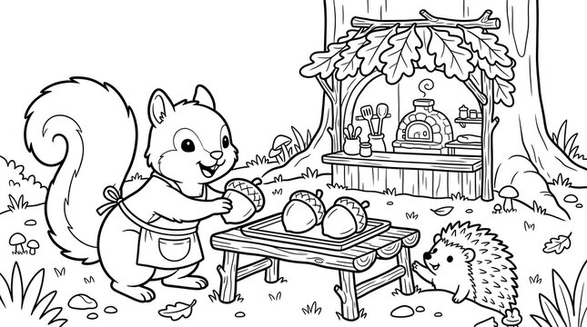 Cute squirrel wearing an apron baking acorns at a forest bakery stand with a hedgehog