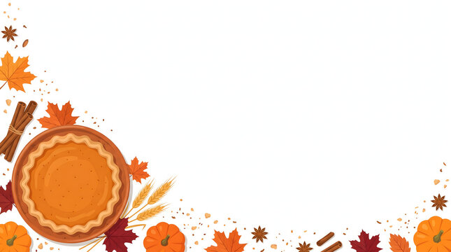 Autumn harvest scene with pumpkin pie pumpkins leaves and cinnamon sticks