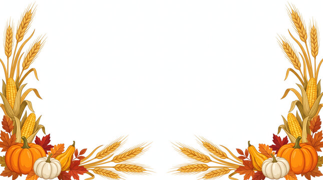 Autumn harvest border with pumpkins wheat and fall leaves on white background