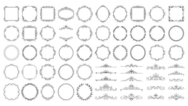 Ornate decorative borders with vintage floral design elements set.