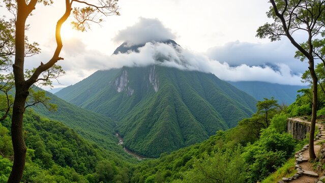 Majestic Lingshan Mountain Shrouded in Clouds