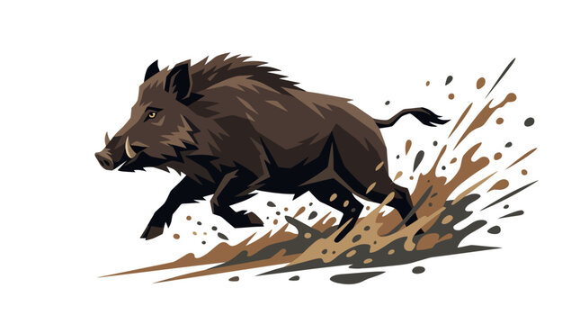Dynamic vector illustration of a powerful wild boar charging through thick brown mud with stylized splashes, featuring sharp tusks and bristly fur against a clean white background.