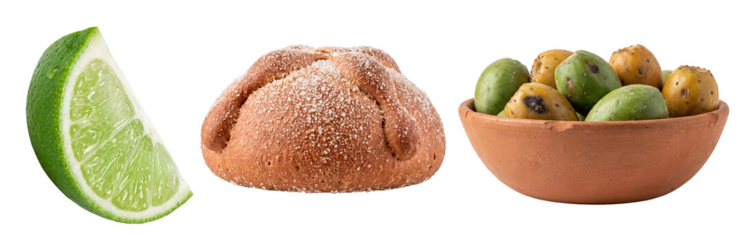 Set of day of the dead food items with lime slice, pan de muerto and cactus fruit isolated on a transparent or white background. Traditional mexican feast and culinary feast.