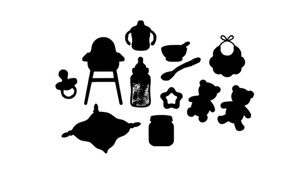 Baby feeding and comfort essentials flat vector icon collection
