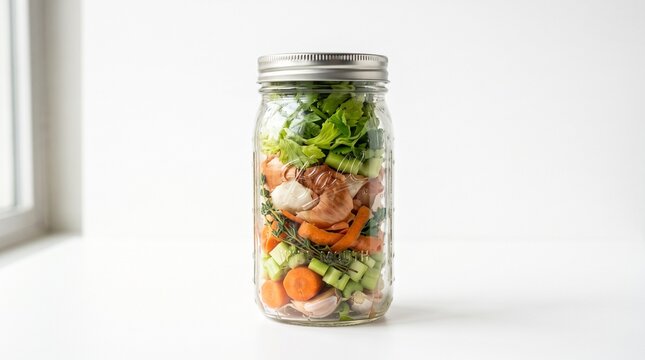 Fresh vegetable soup starter in glass mason jar, colorful chopped mirepoix and greens for meal prep, healthy organic ingredients in clear jar on white background