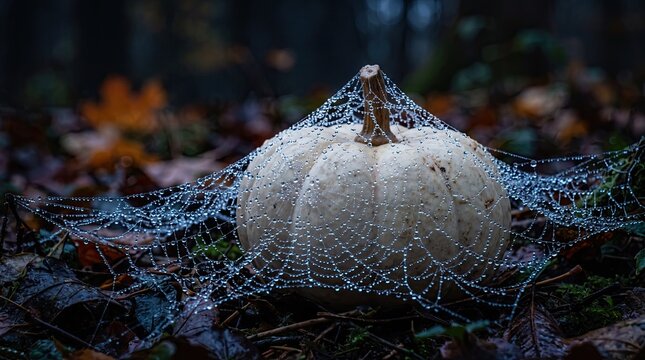 A white pumpkin sits in the forest covered by a delicate spider web with morning dew drops on a bed of fallen autumn leaves