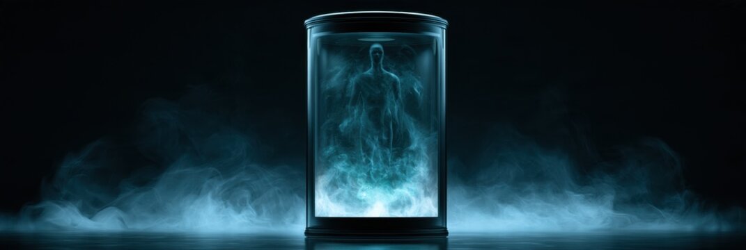 A cryotherapy pod sits in a dark space, surrounded by blue mist. An abstract figure is inside, showing metabolic benefits with a teal glow.