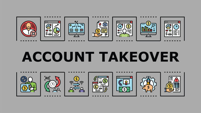 Account takeover banner infographic. Password malware, hijack access, phishing protection icon vector illustration