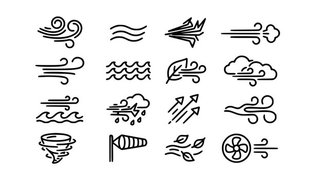 Wind and Airflow Line Icon Collection, Black Breeze and Air Movement Vector Set