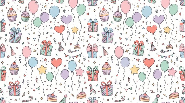 Cute hand drawn birthday seamless pattern with balloons, gifts, and cupcakes