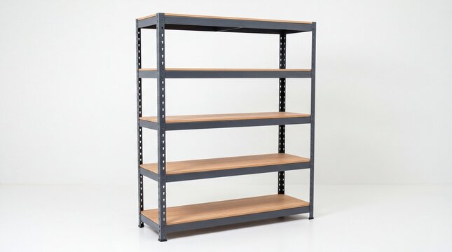Industrial metal warehouse shelving unit with five wooden tiers