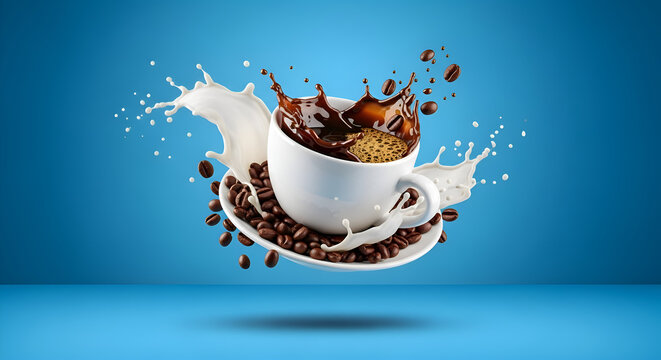 Coffee and milk splashing from a white cup with floating roasted beans