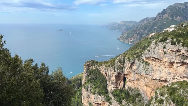 Panoramic view from the Path of the Gods hiking trail over the Amalfi Coast and Tyrrhenian Sea, Campania, Italy
