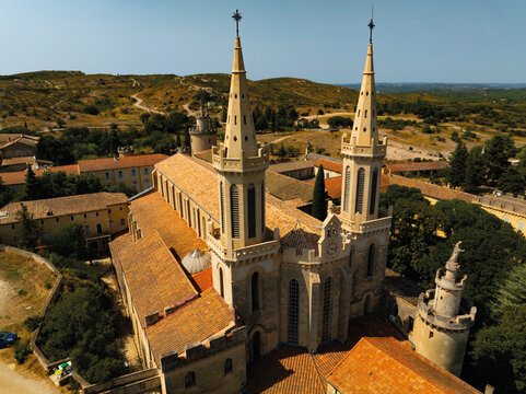 Aerial view over the church at Frigolet Abbey