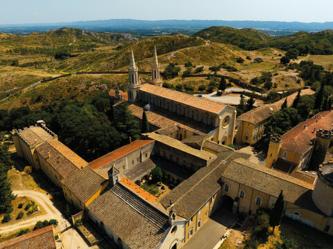 Abbey cloister buildings and church roof from above