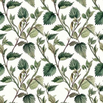 Green Nettle Leaves with Watercolor Branches Symbolizing Botanical Nature, seamless pattern design
