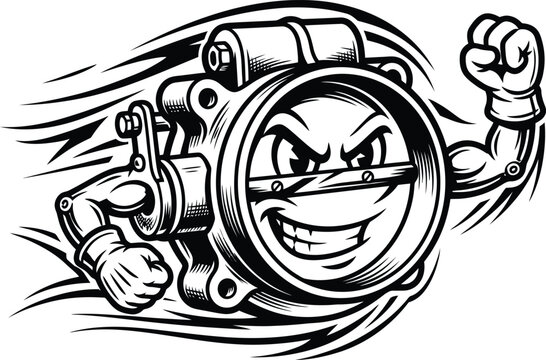 Angry industrial throttle valve mascot with muscular arms flexing for mechanical workshop logo or heavy machinery automotive part vector design.