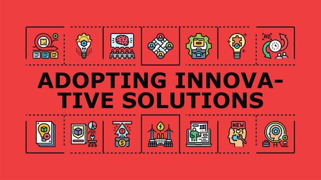 Adopting innovative solutions banner infographic. Creativity adaptation, integration progress, improvement implementation icon vector illustration