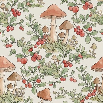 Mushroom and Berry Pattern with Forest Elements Symbolizing Nature, seamless pattern, botanical