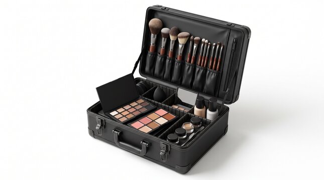Professional makeup artist case with cosmetic tools, black vanity suitcase with brushes and palettes, beauty equipment kit for salon professionals