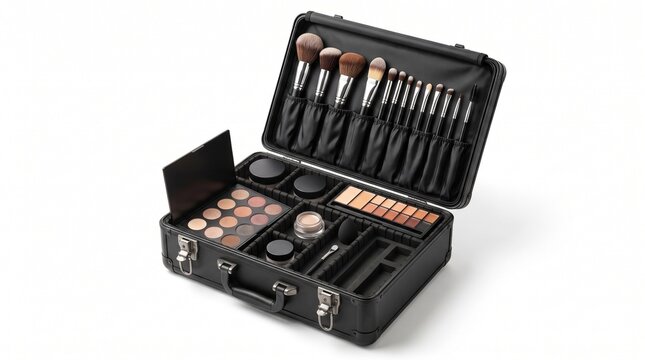 Professional makeup artist case with organized cosmetics, black vanity train case with brushes and eyeshadow palettes, beauty equipment on white background