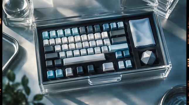 Blue and white gradient custom mechanical keyboard keycap set organized in a transparent acrylic storage box with cleaning cloth and geometric accessory, aesthetic desk setup for tech enthusiasts
