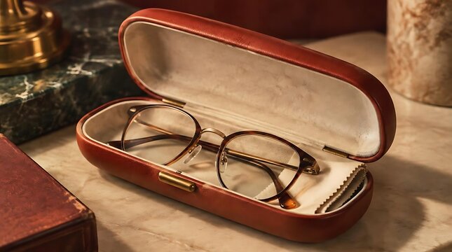 Elegant pair of classic eyeglasses in a luxury reddish brown leather case placed on a marble desk with vintage books, reflecting a sophisticated academic and professional lifestyle for vision care.