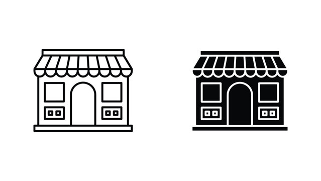 Retail store front vector icon set with awning in outline and glyph styles for web application