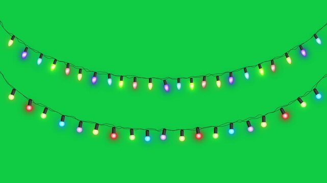 Colorful Christmas String Lights Blinking Isolated green screen Loop Animation ,chroma key New Year and Holiday and Birthday Videos Overlay Motion design element