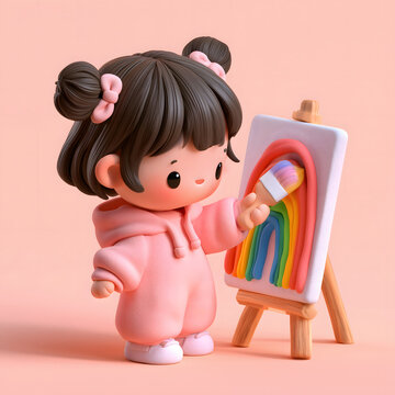 Cute happy chubby girl claymation style painting colorful rainbow art canvas wooden easel cheerful artist creative child character