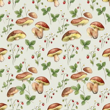 Seamless Pattern with Watercolor Mushrooms and Strawberries Symbolizing Forest Harvest