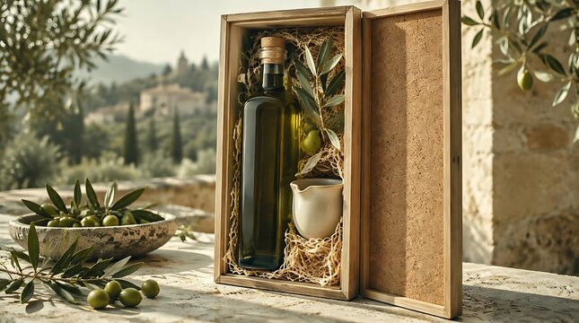 Premium extra virgin olive oil in a glass bottle presented in an elegant wooden gift box with an olive branch and ceramic pitcher on a stone table with a sunny Mediterranean landscape background.