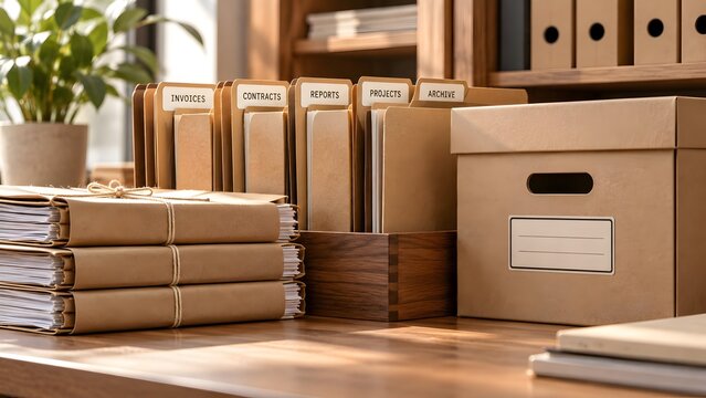 Organized office desk featuring labeled file folders cardboard archive boxes and tied document stacks representing business administration