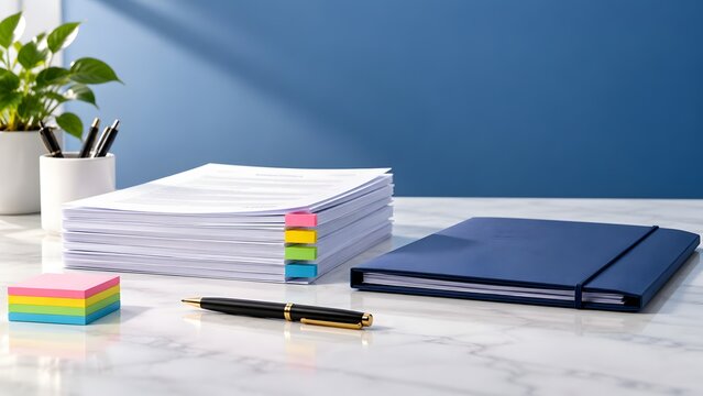 Neat document stack with colorful indexing tabs alongside blue notebook and pen on marble desk representing office organization